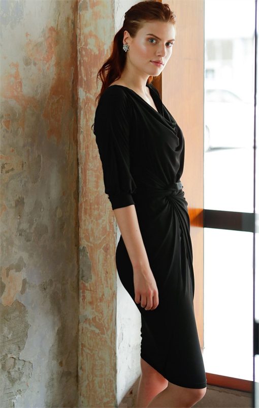 3/4 Sleeve Reversible Knee-Length Cowl Tie Drape Dress in Black - Image 2