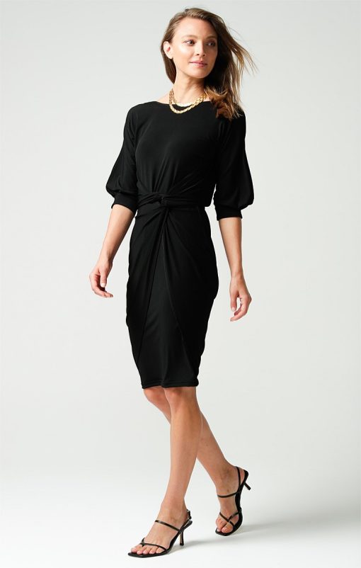 3/4 Sleeve Reversible Knee-Length Cowl Tie Drape Dress in Black - Image 5