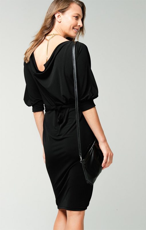 3/4 Sleeve Reversible Knee-Length Cowl Tie Drape Dress in Black - Image 8