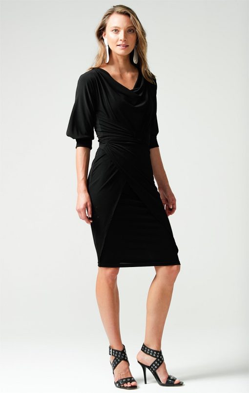3/4 Sleeve Reversible Knee-Length Cowl Tie Drape Dress in Black - Image 7