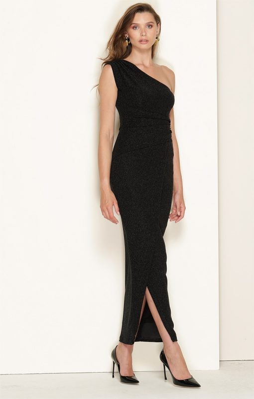 Valedictory One Shoulder Formal Maxi Dress in Black Lurex - Image 4