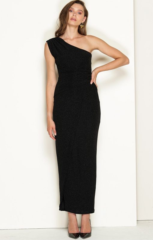Valedictory One Shoulder Formal Maxi Dress in Black Lurex - Image 2