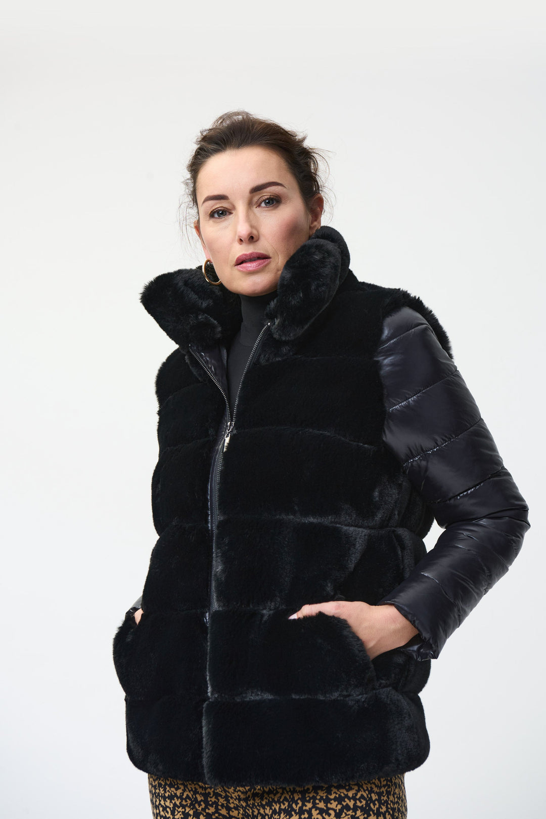 Joseph Ribkoff Faux Fur and Faux Leather Puffer Jacket - Black