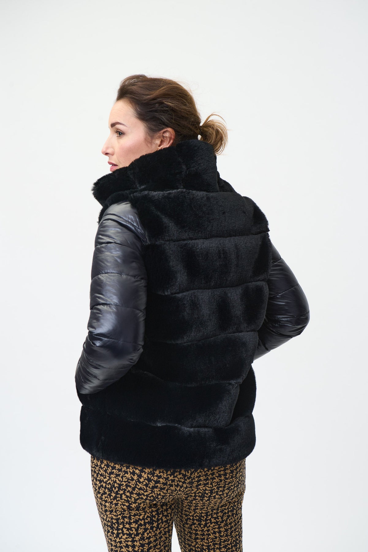 Joseph Ribkoff Faux Fur and Faux Leather Puffer Jacket - Black - Image 2