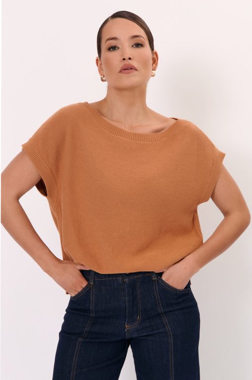 Adorne Samara Cotton Knit Top-Tan