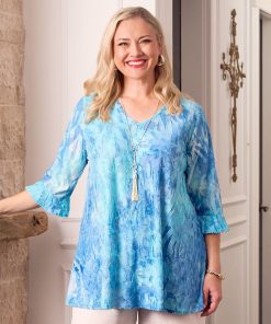 Swish V-Neck Frill Sleeve Swing Burnout Knit Top - Blue Skies