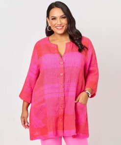 Swish Crinkle Check Linen Jacket Shirt - Hot Pink