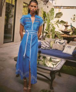 Xanthia Diamond Smock Yoke Silk Cotton Embroidered Dress - Blue Topaz