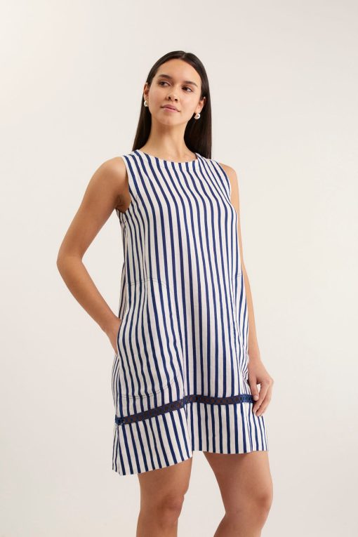 Alessandra Ginger Bretton Linen Dress-Navy/White - Image 2