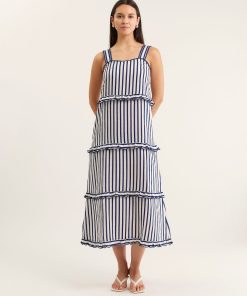 Alessandra Clementine Bretton Linen Dress-Navy/White