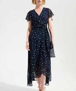 Joseph Ribkoff Signature Chiffon Print Wrap Dress With Ruffle Detail-Midnight Blue/Vanilla