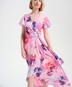Joseph Ribkoff Signature Chiffon Print Wrap Dress With Ruffle Detail-Multi