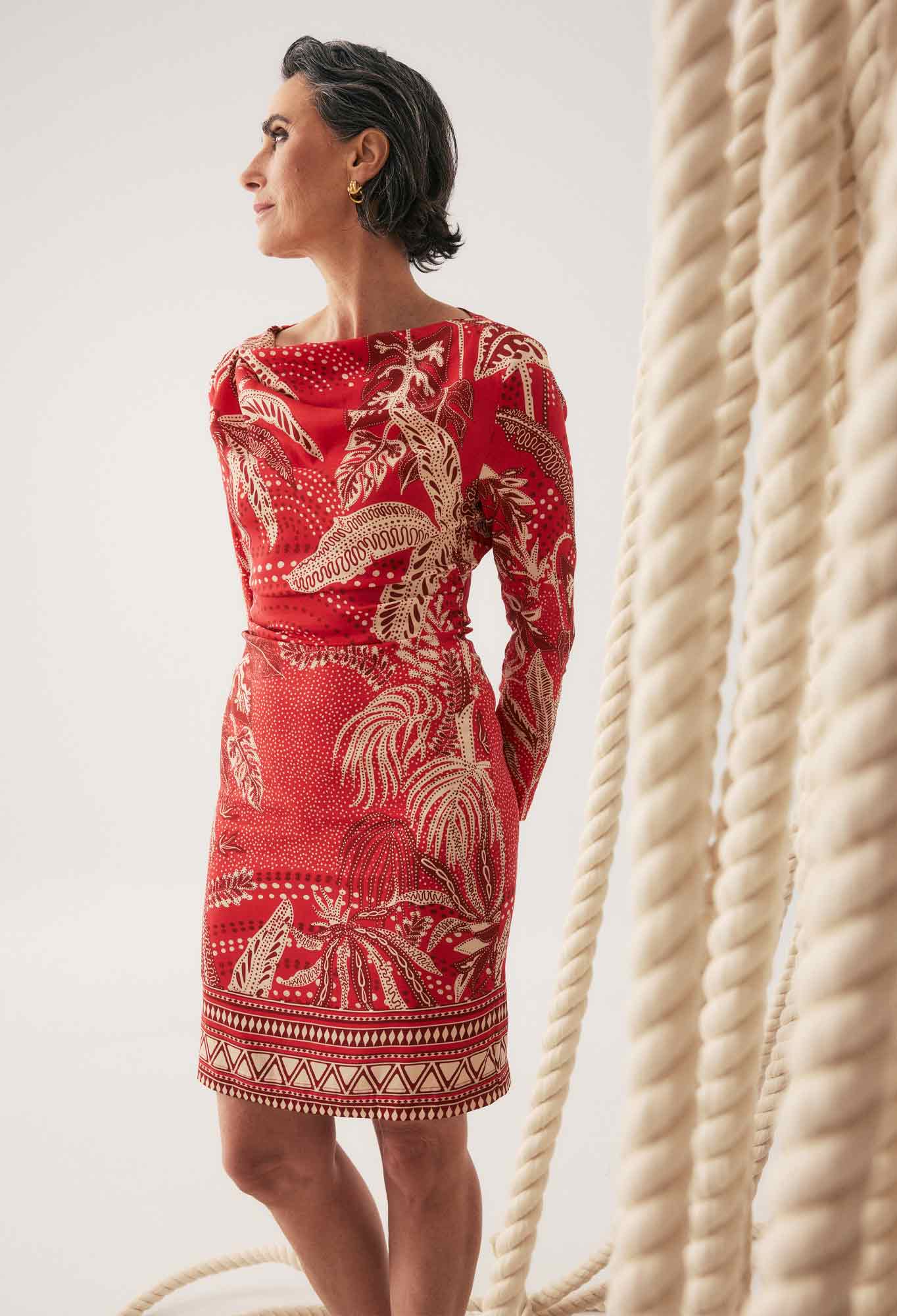Once Was Helsa Draped Neck Long Sleeve Dress - Crimson Palms - Image 2