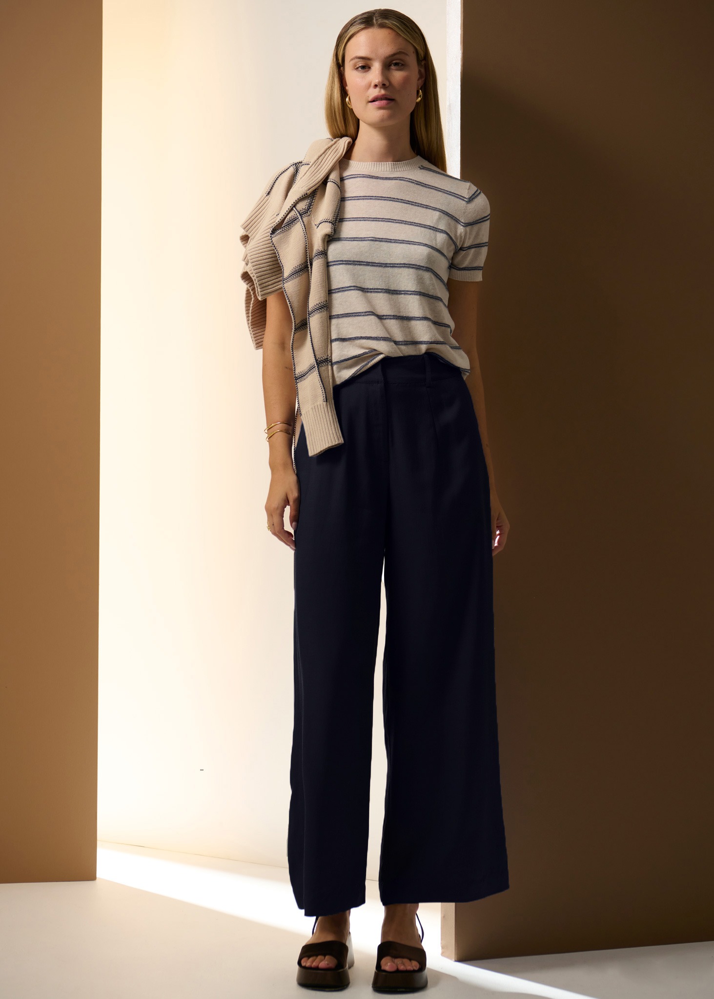 Pol Clothing Sable Tee Stripe - Pebble/Blue - Image 2