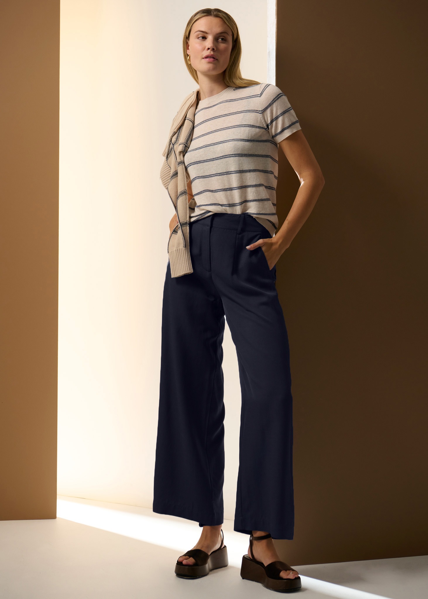 Pol Clothing Sable Tee Stripe - Pebble/Blue - Image 3