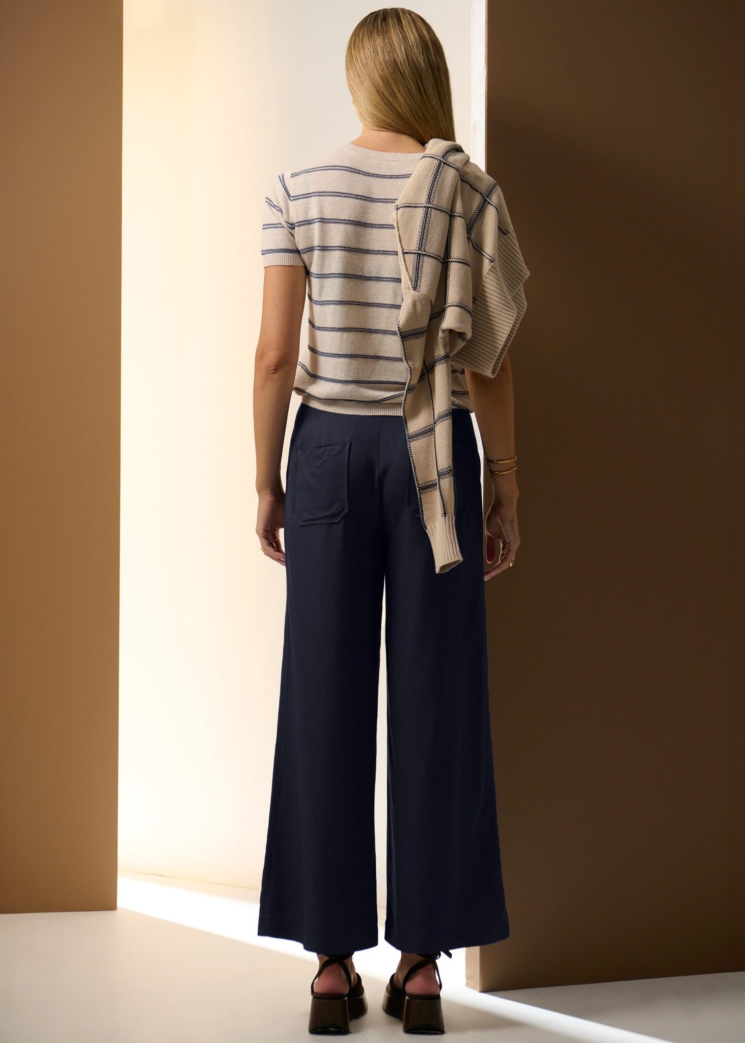 Pol Clothing Sable Tee Stripe - Pebble/Blue - Image 5