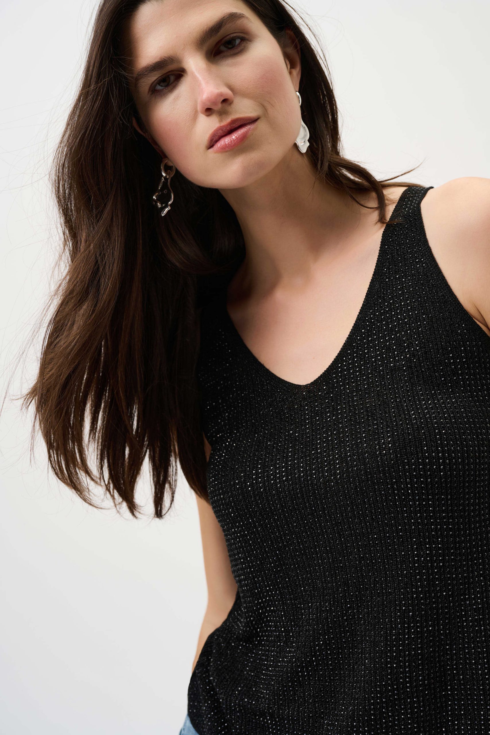 Joseph Ribkoff Metallic Knitted Camisole with Rhinestones - Black - Image 2