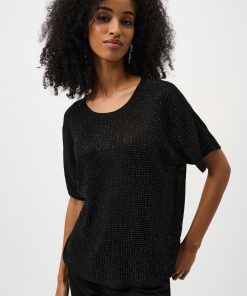 Joseph Ribkoff Metallic Knitted T-shirt with Rhinestones - Black