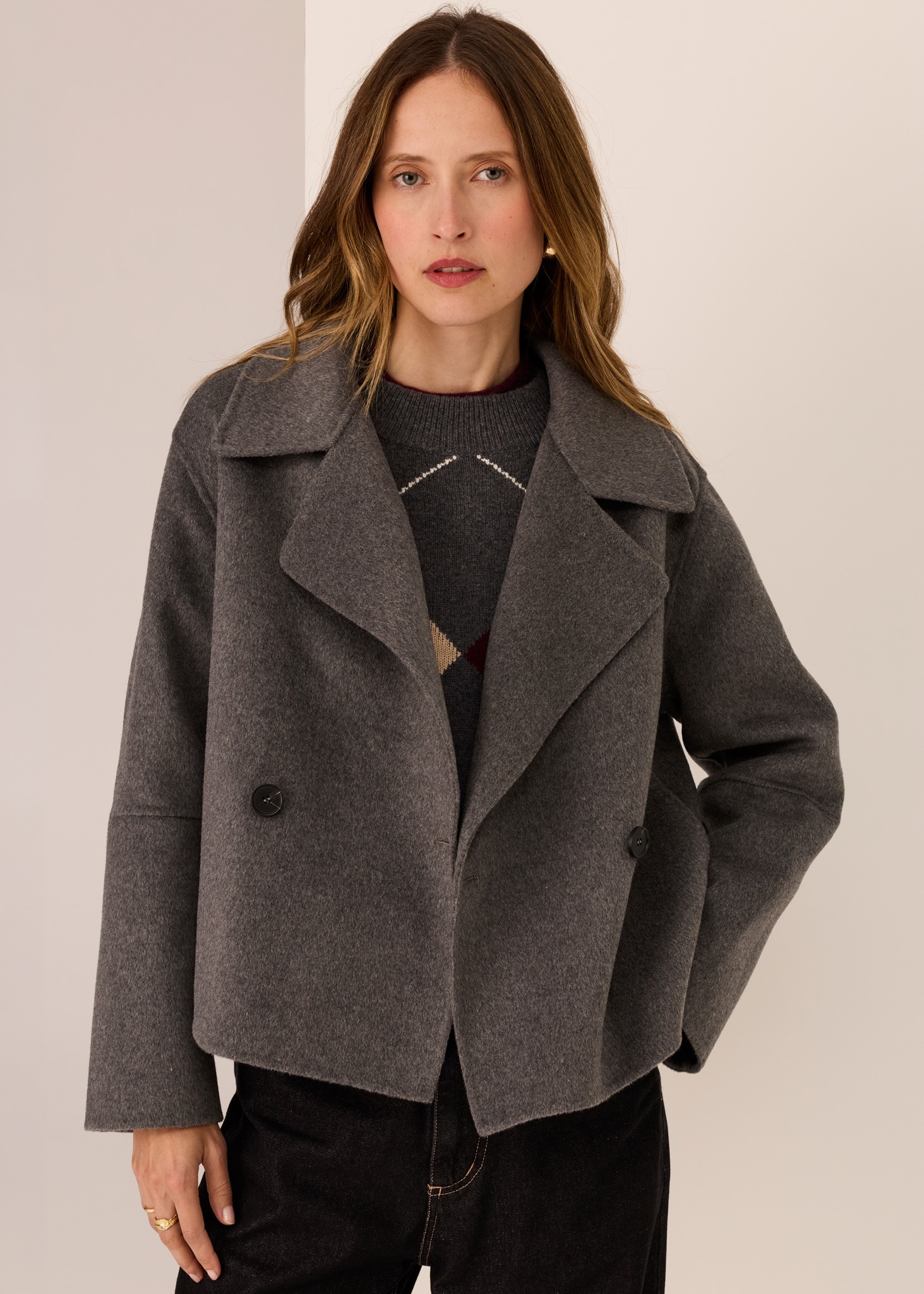 POL Cohen Cropped Wool Coat - Charcoal - Image 2