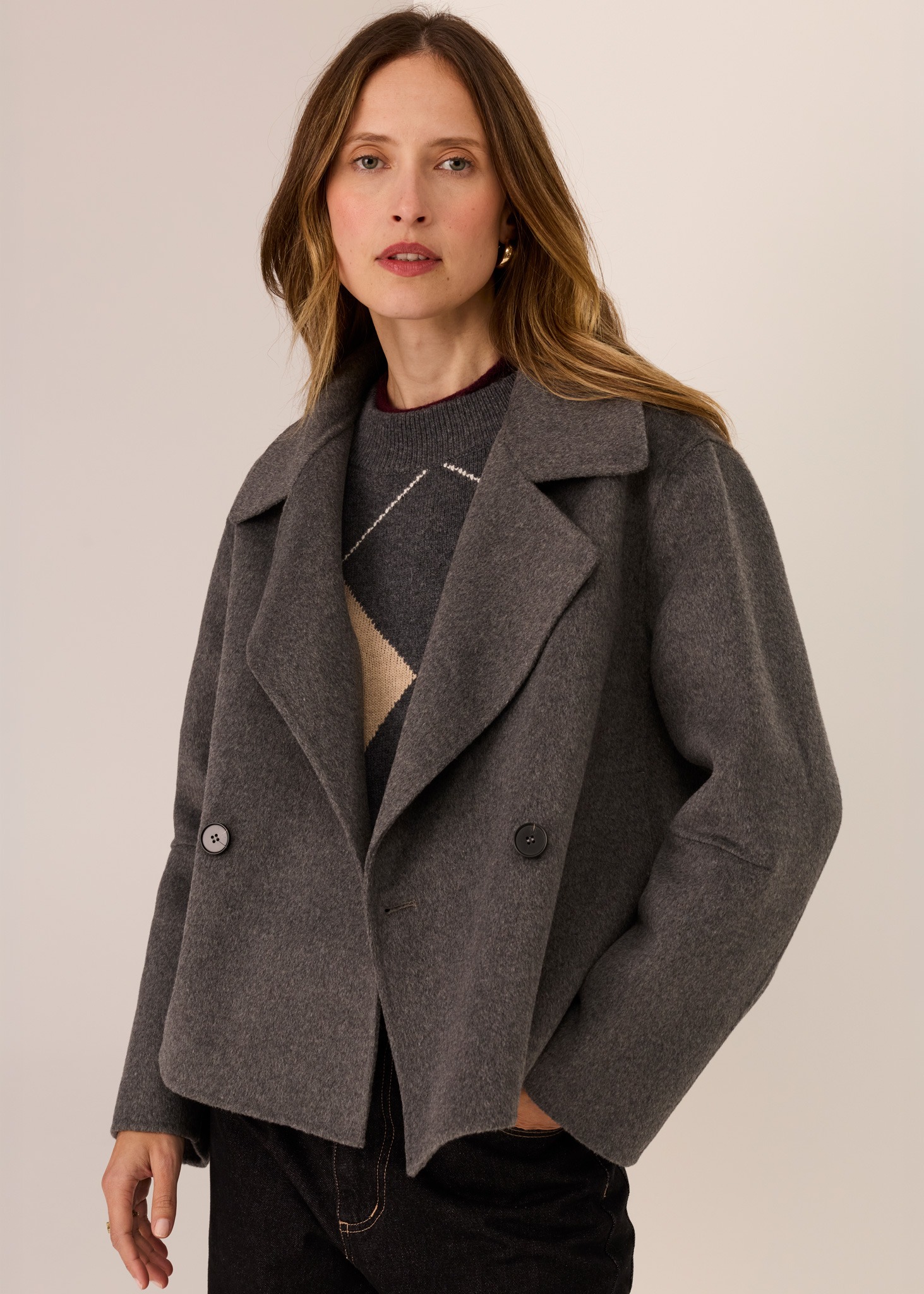 POL Cohen Cropped Wool Coat - Charcoal