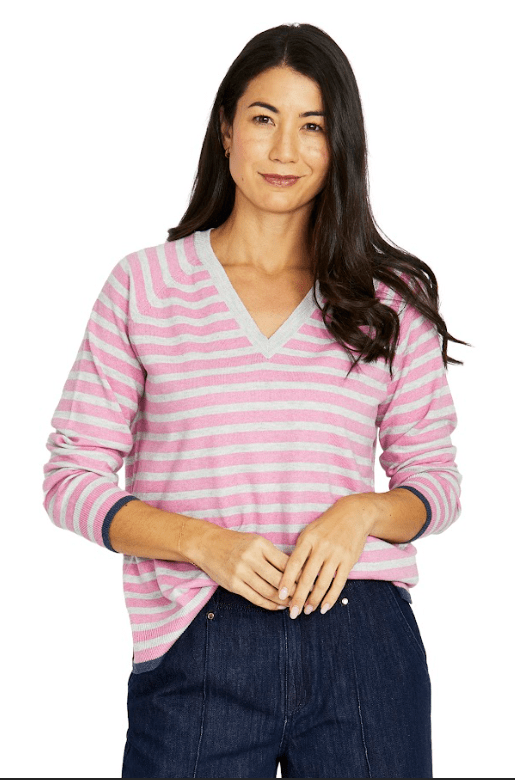 Jump Duo Stripe V-Neck -Rose/Grey - Image 2