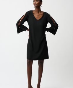 Joseph Ribkoff Woven Twill Trapeze Dress With Gold Trimmed Slit Sleeves - Black