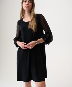 Joseph Ribkoff Silky Knit and Mesh A-Line Dress With Ruffled Trim Black