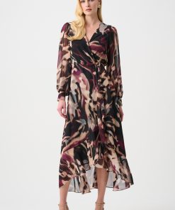 Joseph Ribkoff Chiffon Printed Fit and Flare Wrap Dress - Black/Pink Multi