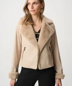 Joseph Ribkoff Foiled Faux Suede Jacket With Faux Fur Collar - Soft Taupe