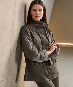 Joseph Ribkoff Nylon Mock-Neck Embellished Jacket - Avocado