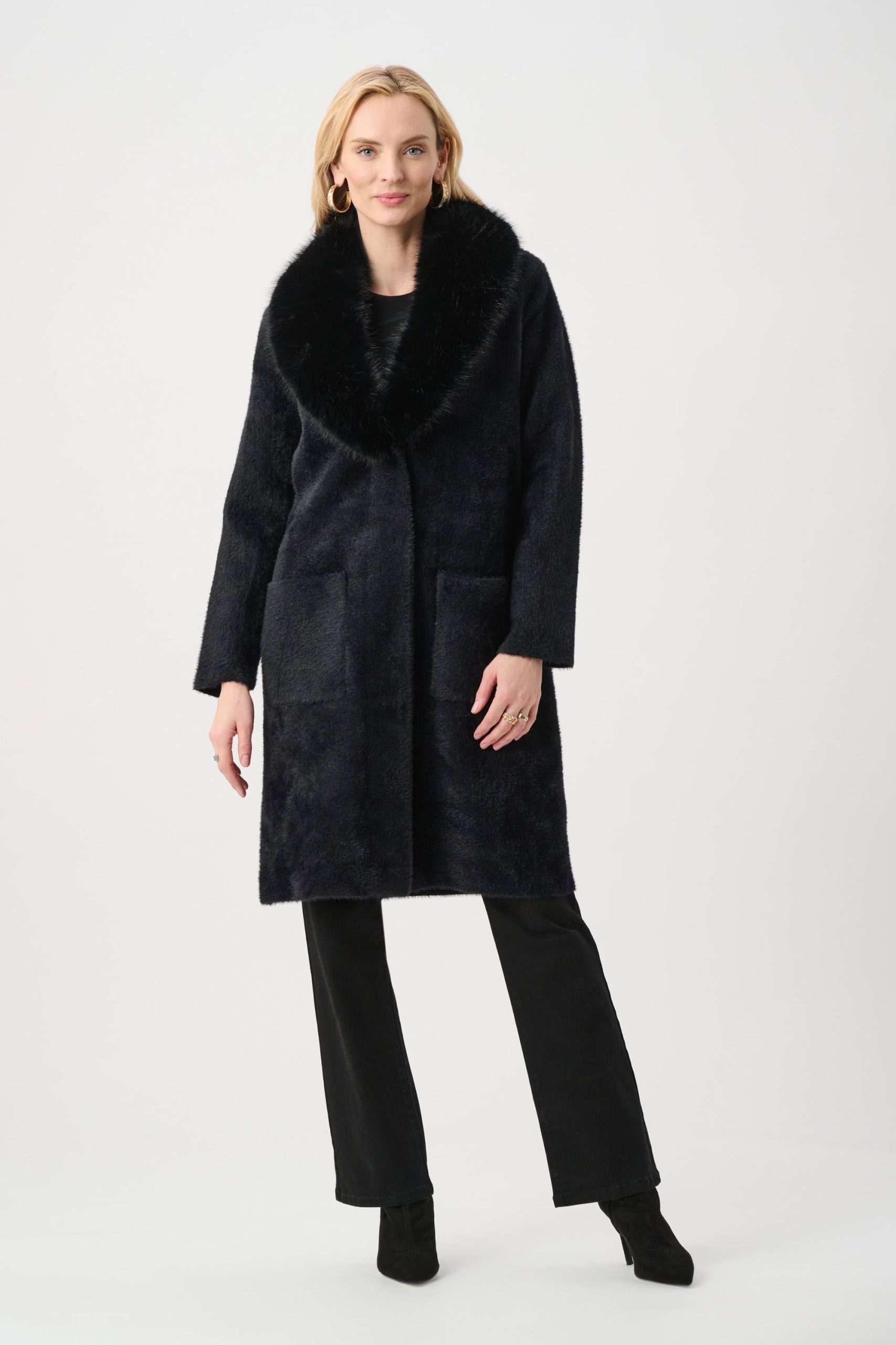 Joseph Ribkoff Feather Yarn Knit Coat - Black