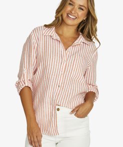 Jump Striped Linen Shirt - Tigerlily/white