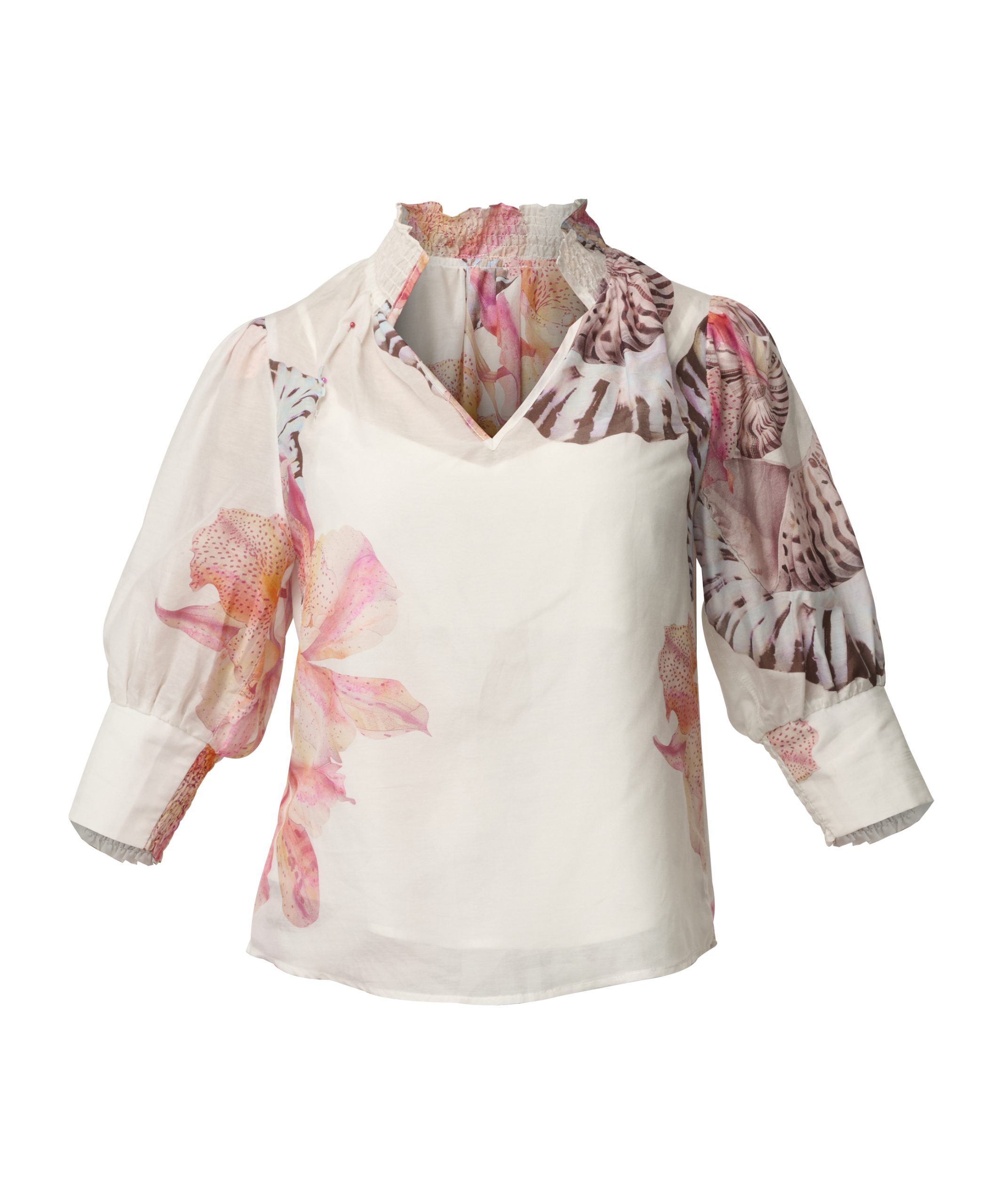 Once Was Oleander Cotton Silk Shirred Blouse - Nautilus Bloom - Image 6
