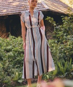 Once Was Cattleya Linen Viscose Smock Detail Maxi Dress - Iridescent Stripe