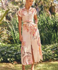 Once Was Cattleya Linen Viscose Smock Detail Maxi Dress - Nautilus Bloom