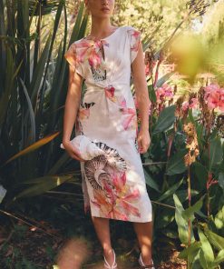 Once Was Geneva Stretch Linen Viscose Twist Detail Dress - Nautilus Bloom