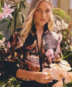 Once Was Delray Reversible Printed Linen Viscose Embroidered Jacket - Sunset Orchid/Noir Orchid