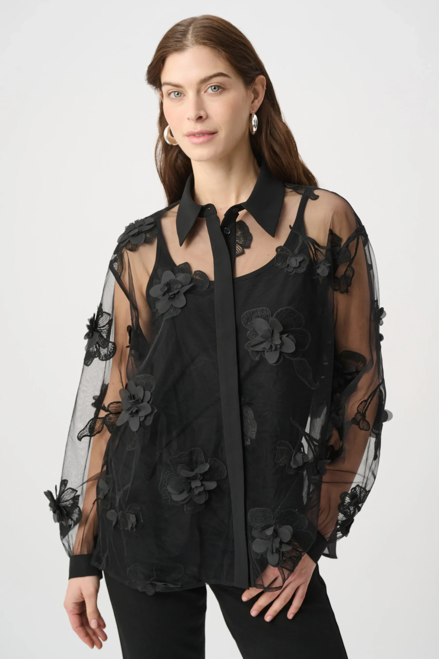 Joseph Ribkoff Sheer Textured Flower Appliqué Blouse - Black