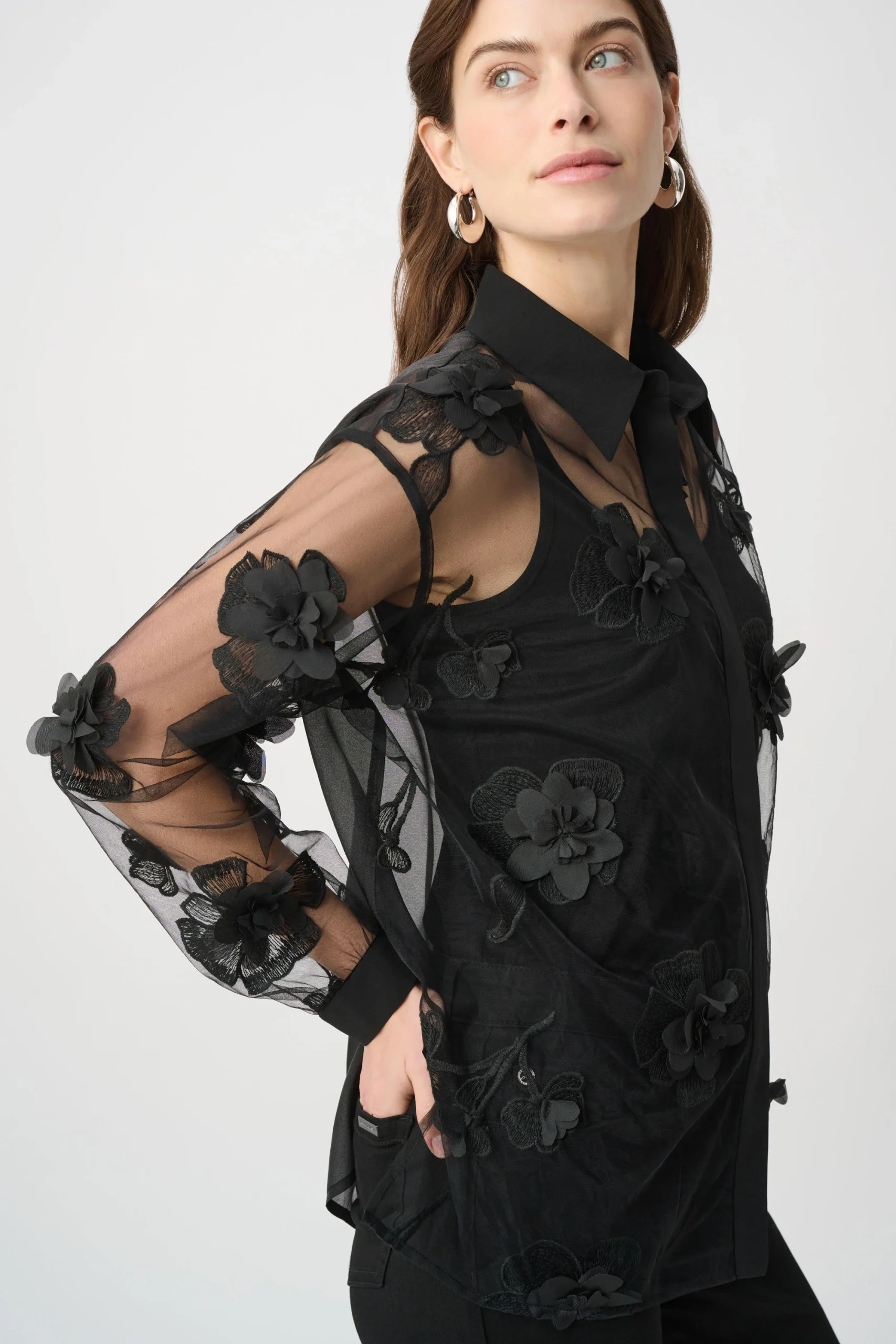 Joseph Ribkoff Sheer Textured Flower Appliqué Blouse - Black - Image 4