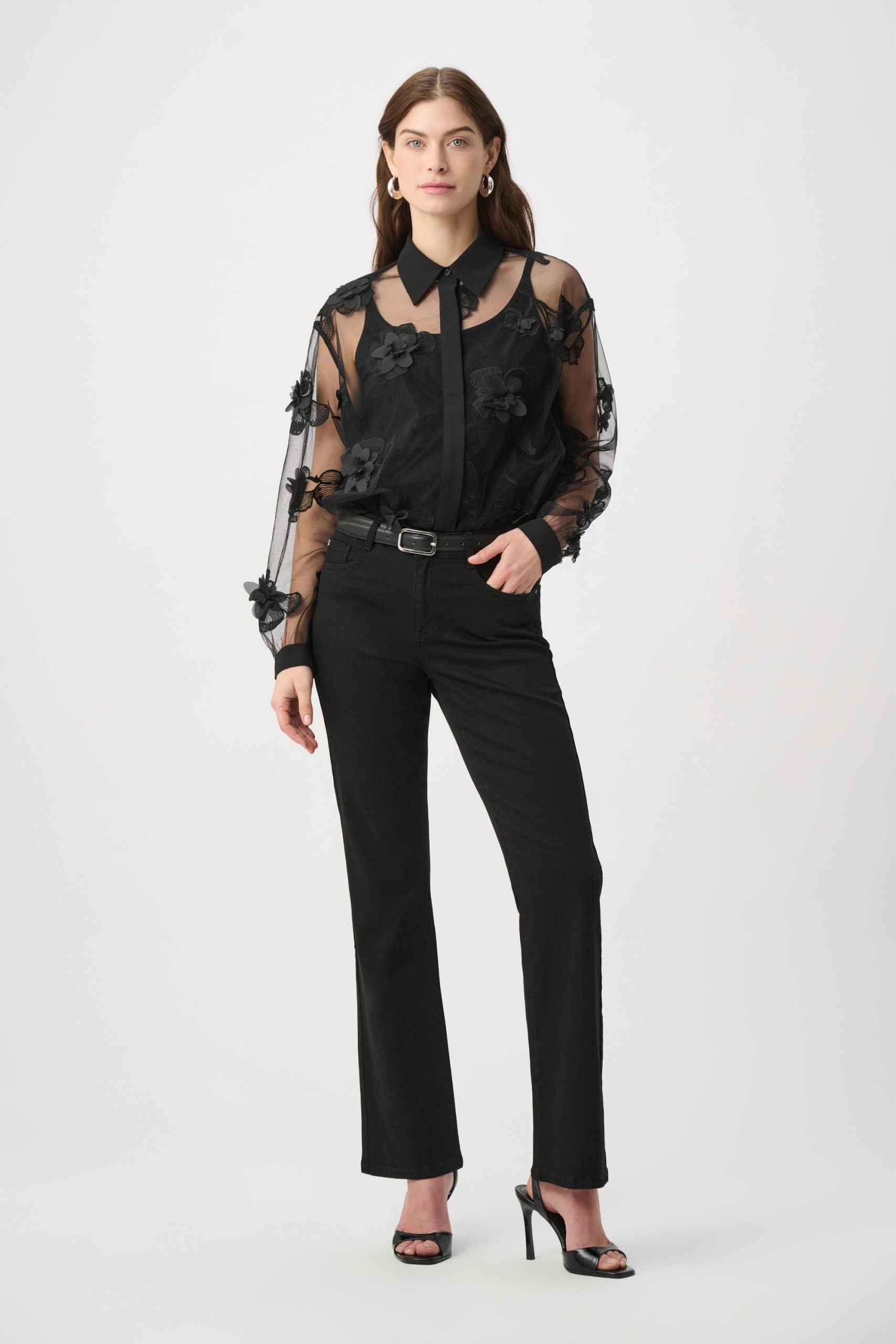 Joseph Ribkoff Sheer Textured Flower Appliqué Blouse - Black - Image 3