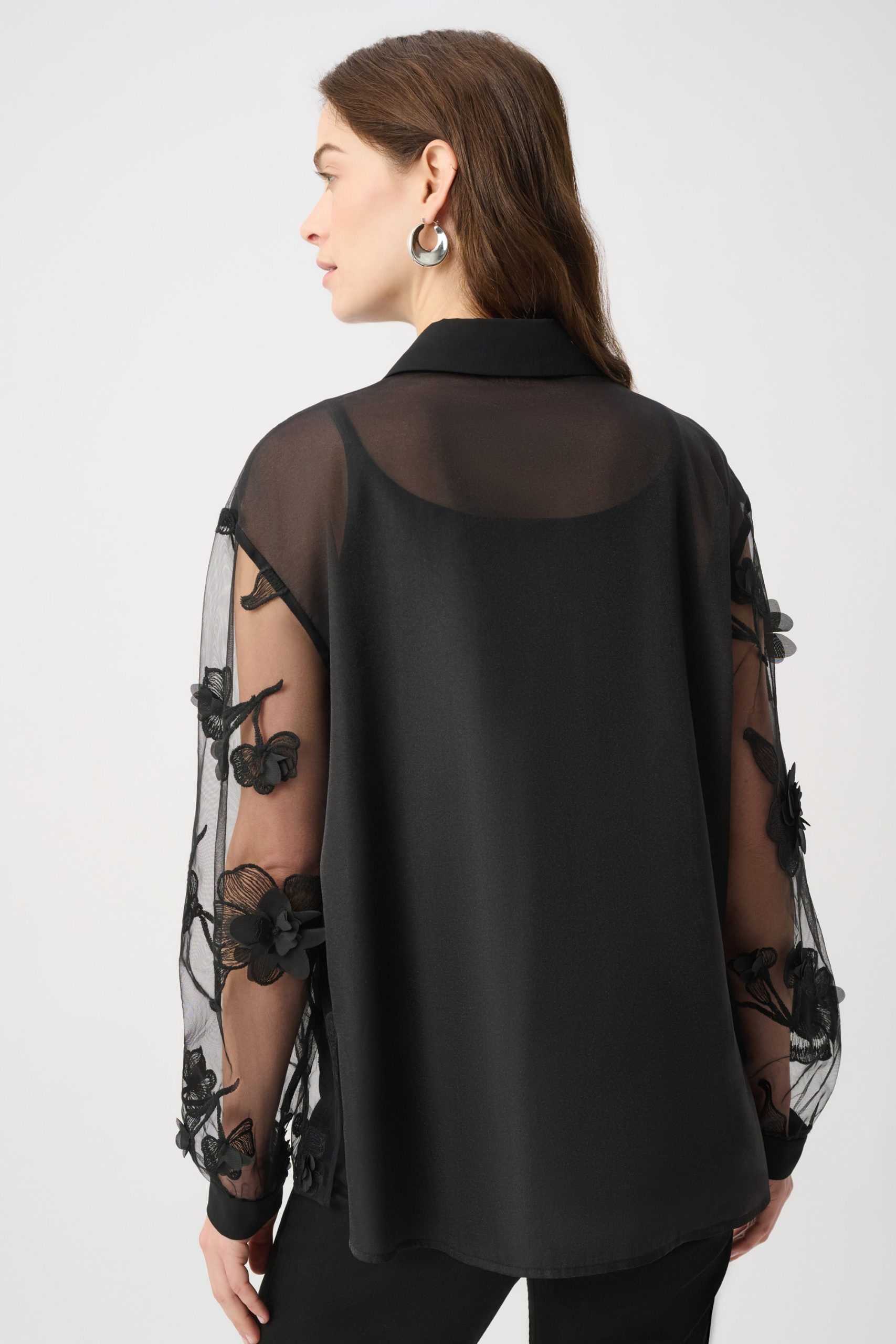 Joseph Ribkoff Sheer Textured Flower Appliqué Blouse - Black - Image 5