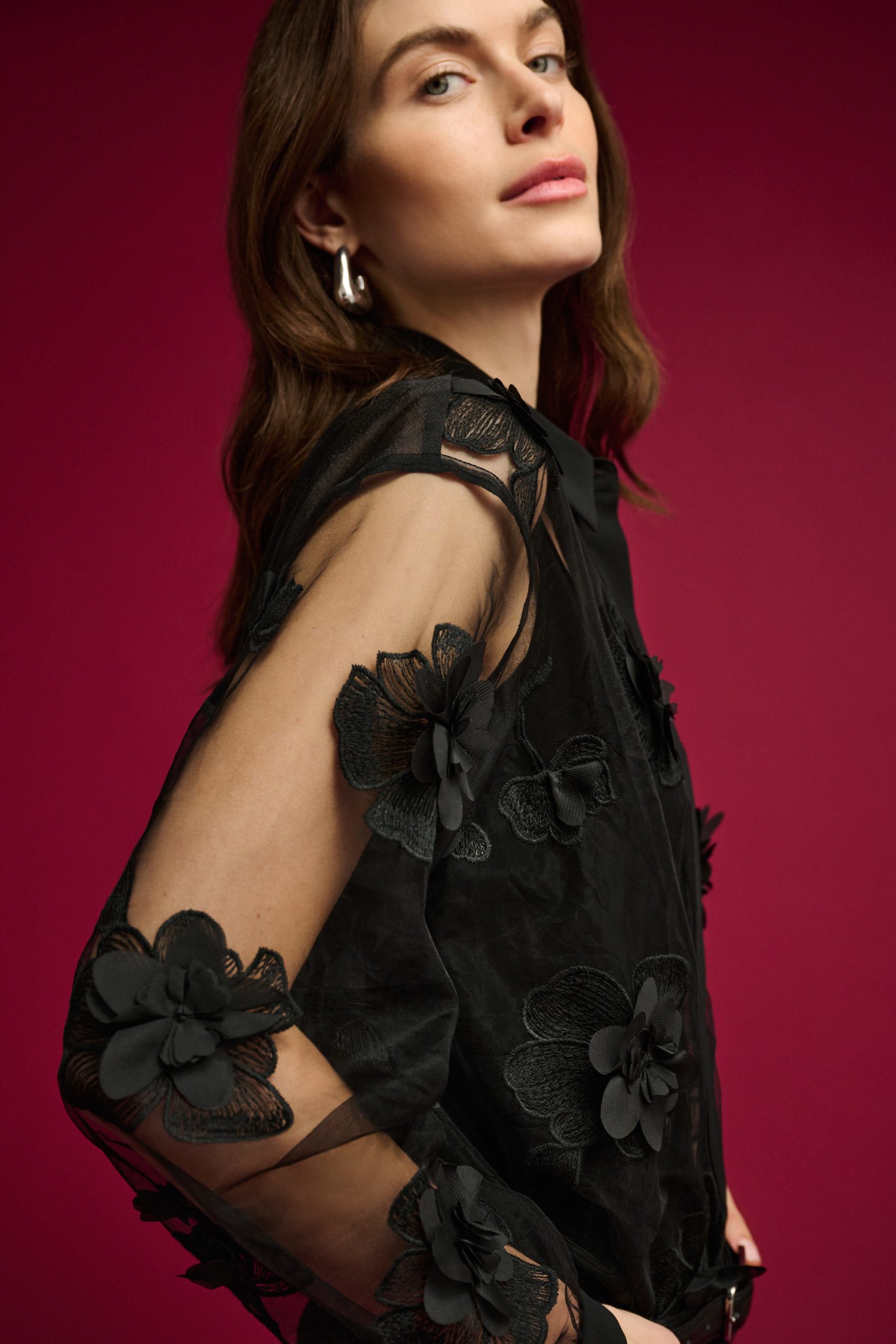 Joseph Ribkoff Sheer Textured Flower Appliqué Blouse - Black - Image 2