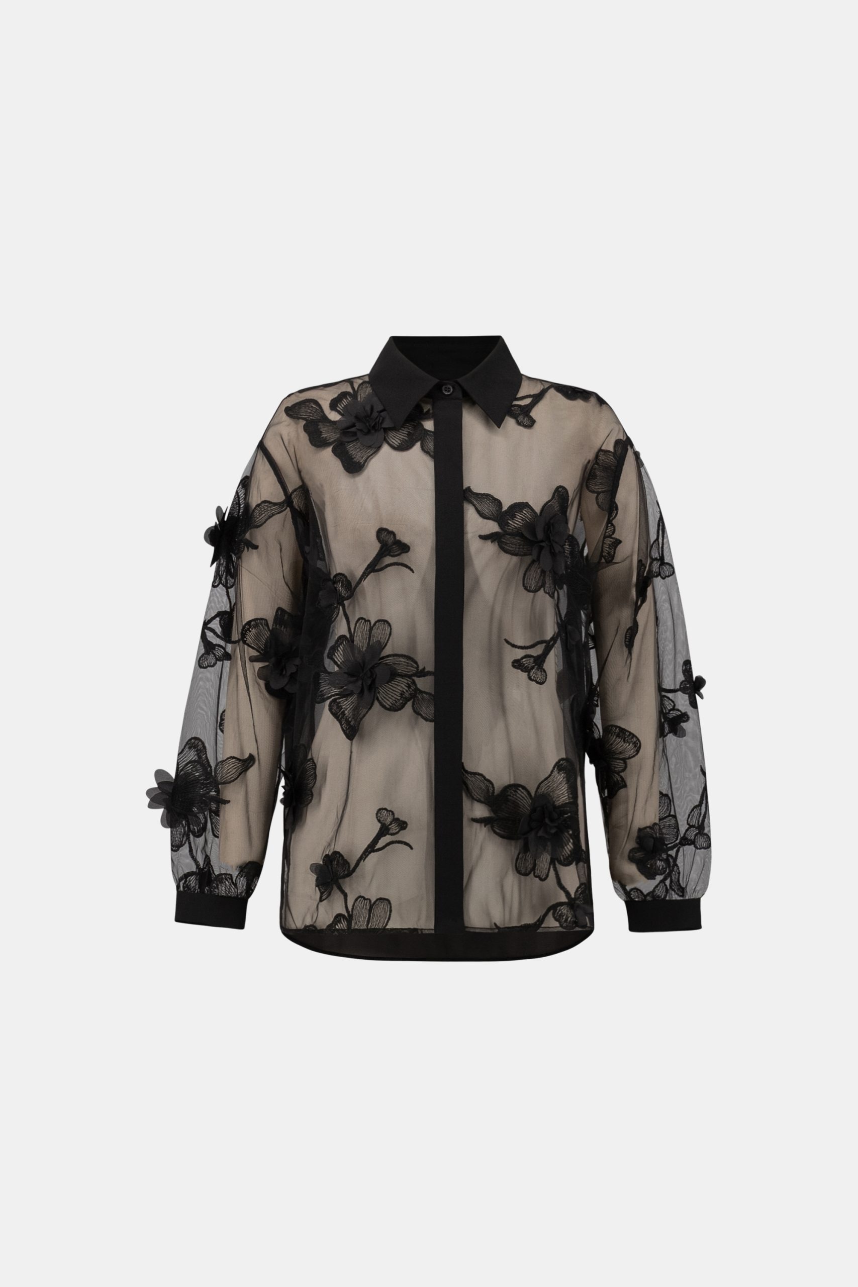 Joseph Ribkoff Sheer Textured Flower Appliqué Blouse - Black - Image 6