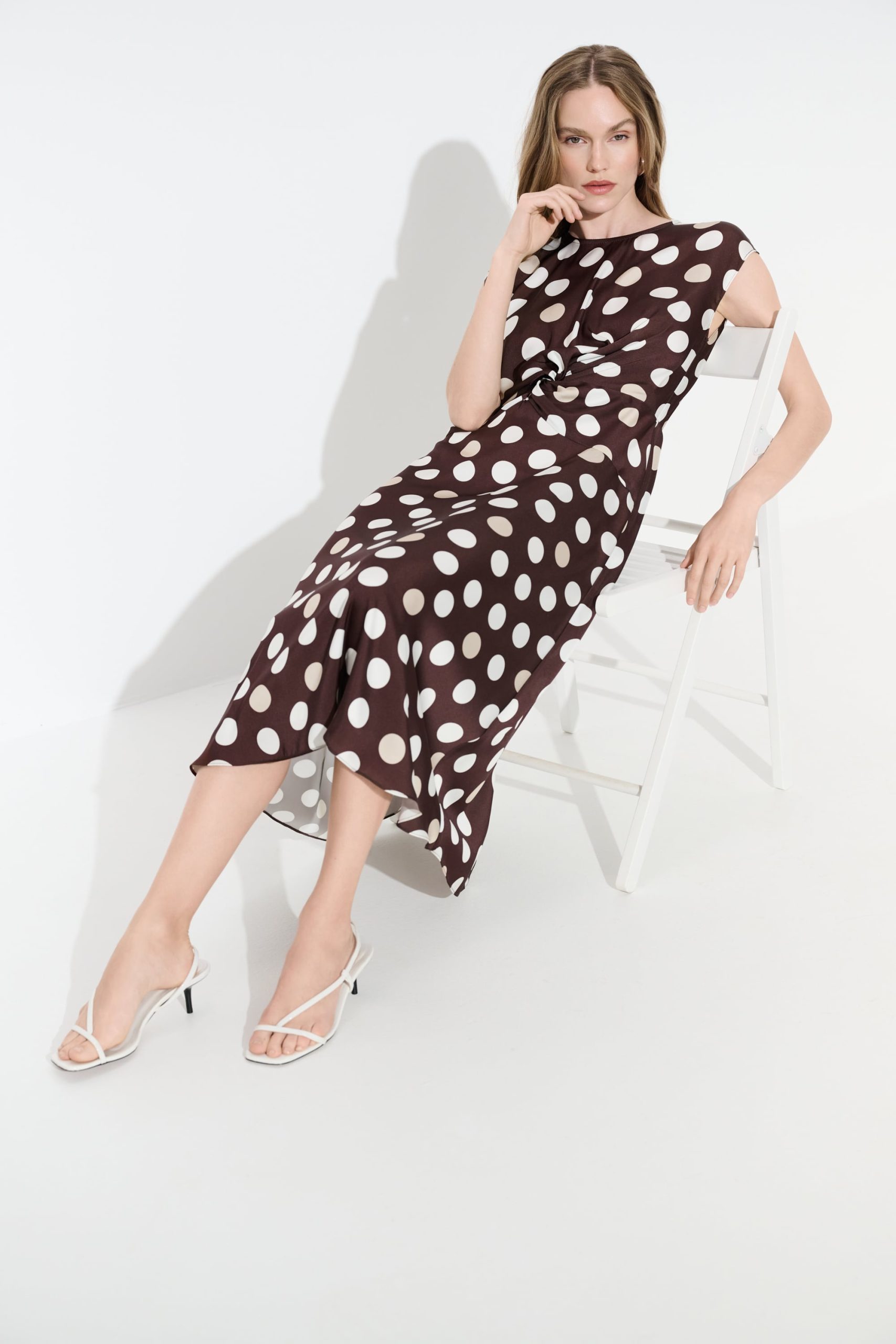 Joseph Ribkoff Polka Dot Twist Waist Dress - Brown/Multi