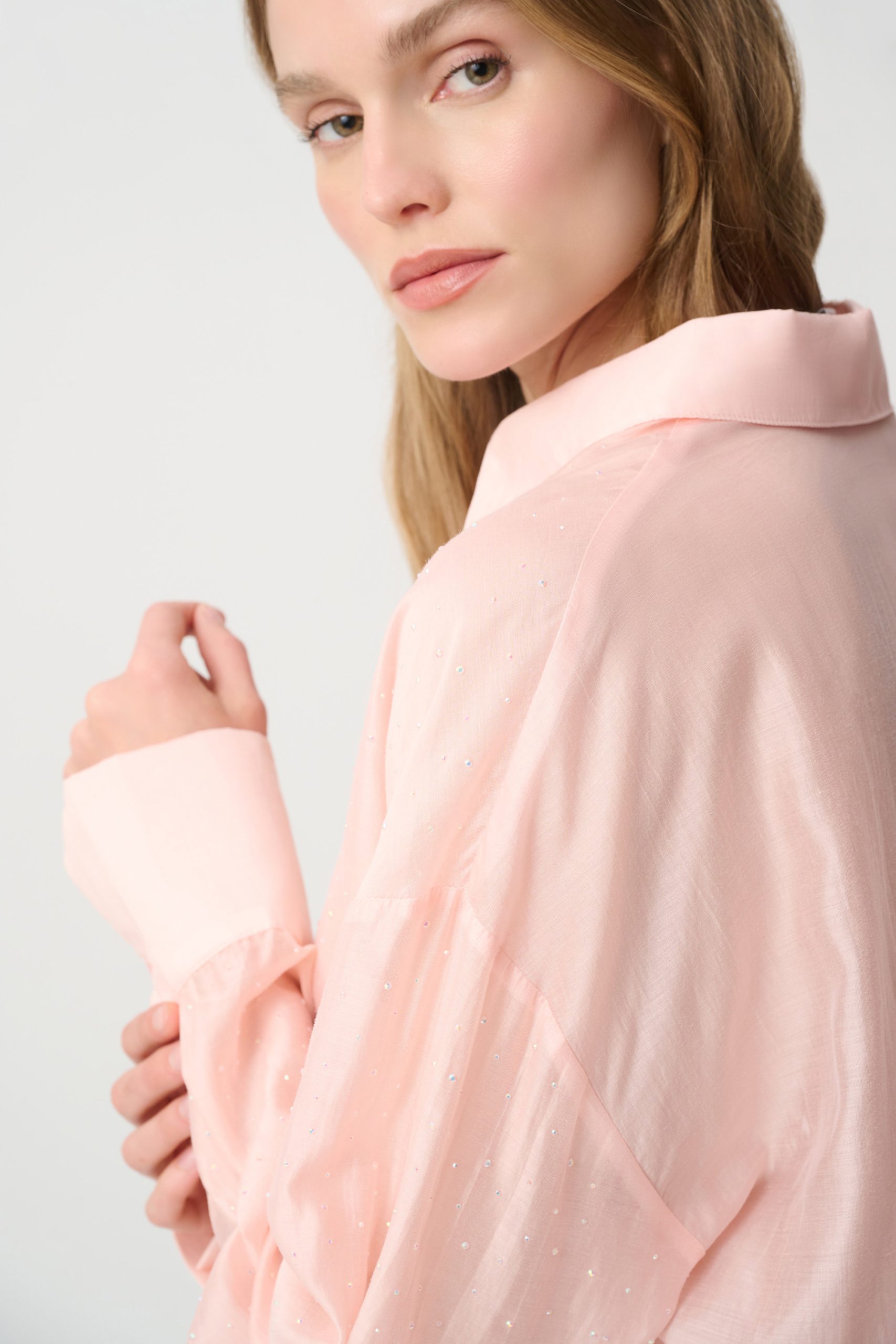 Joseph Ribkoff Rhinestone-Embellished Sheer Blouse - Soft Peach - Image 3