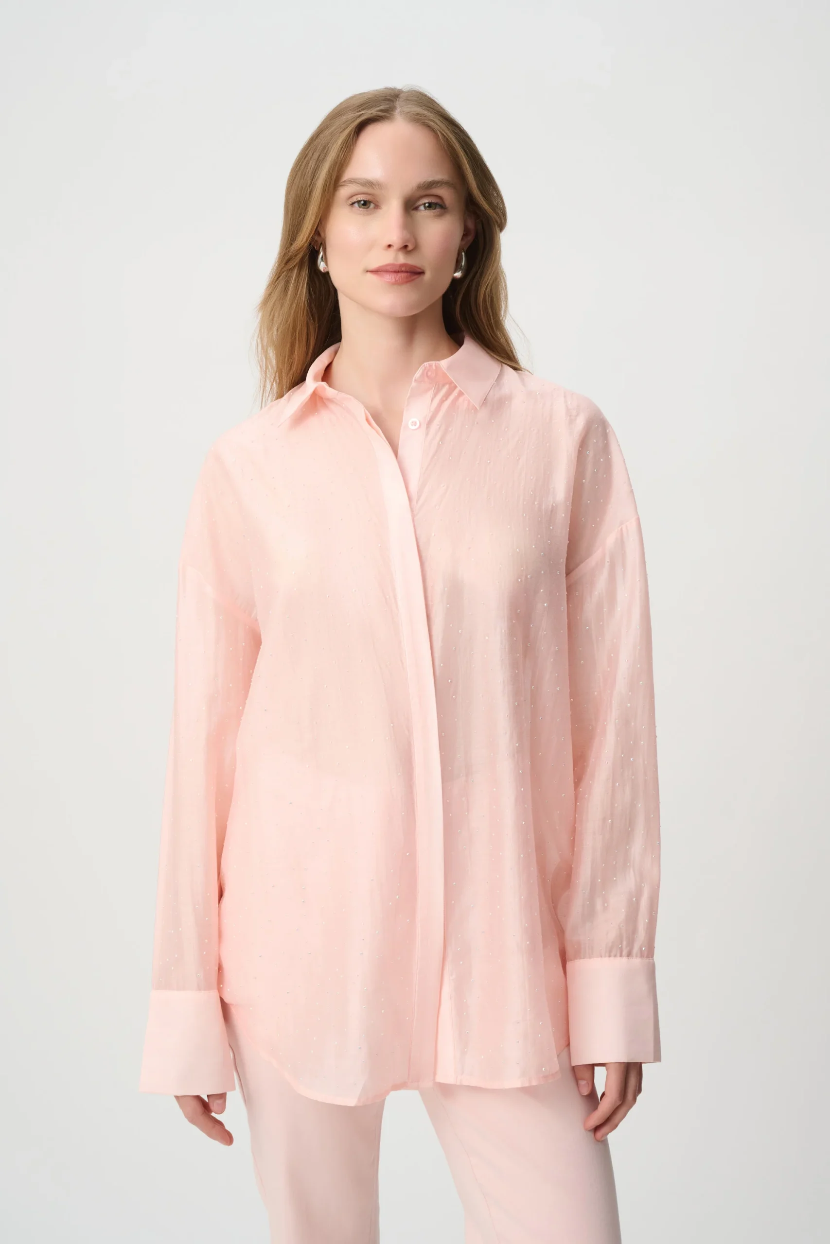 Joseph Ribkoff Rhinestone-Embellished Sheer Blouse - Soft Peach - Image 5
