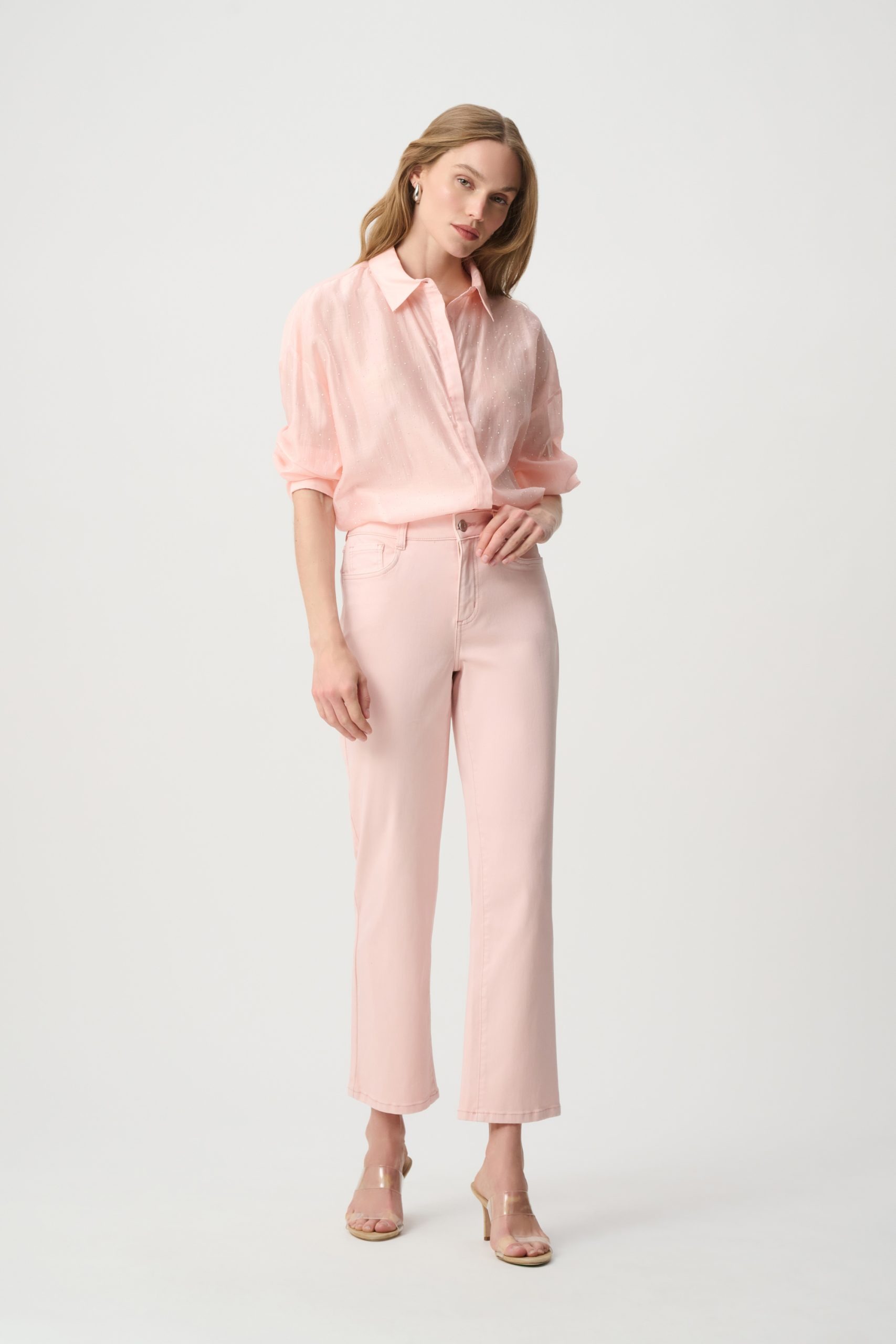 Joseph Ribkoff Rhinestone-Embellished Sheer Blouse - Soft Peach - Image 4