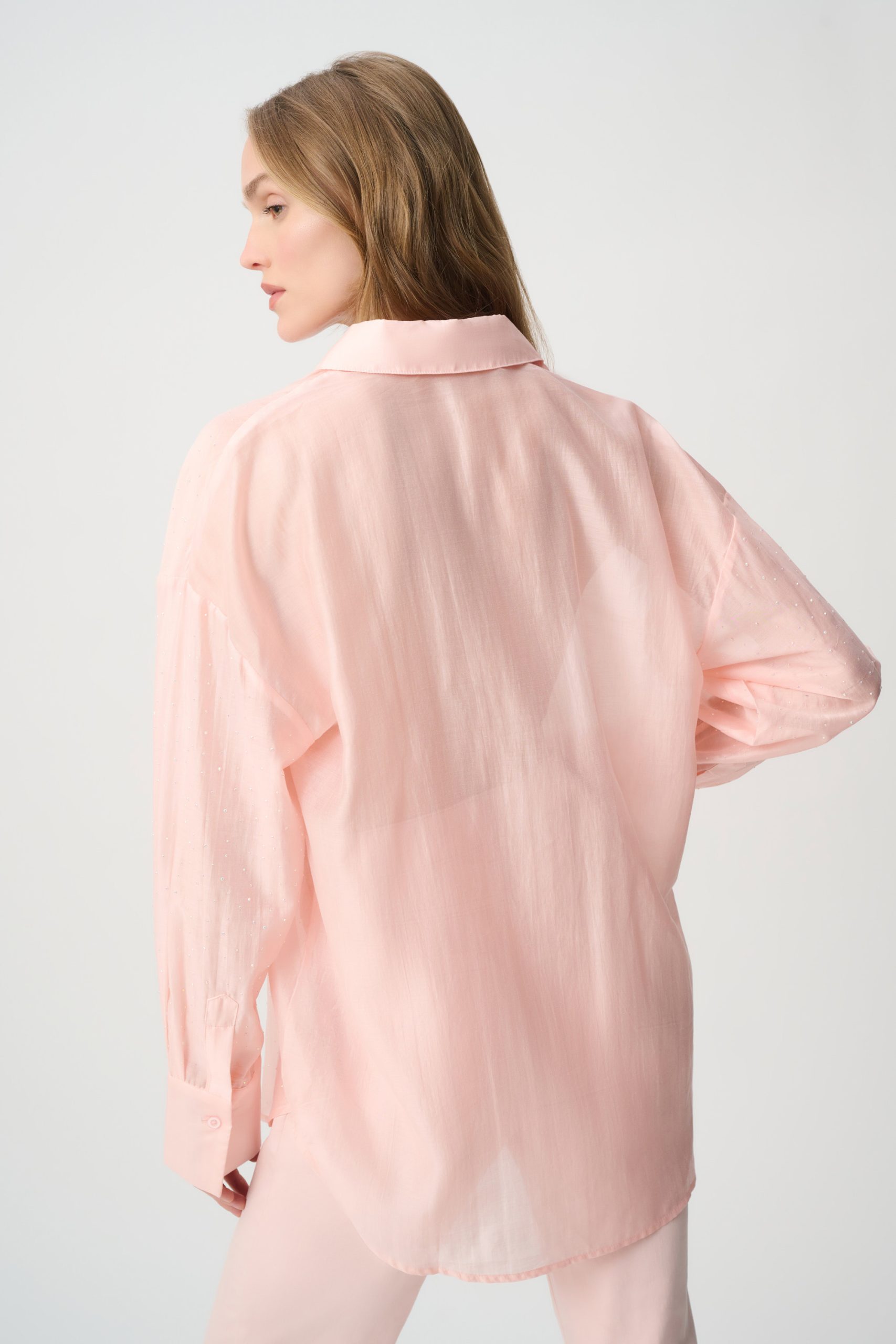 Joseph Ribkoff Rhinestone-Embellished Sheer Blouse - Soft Peach - Image 6