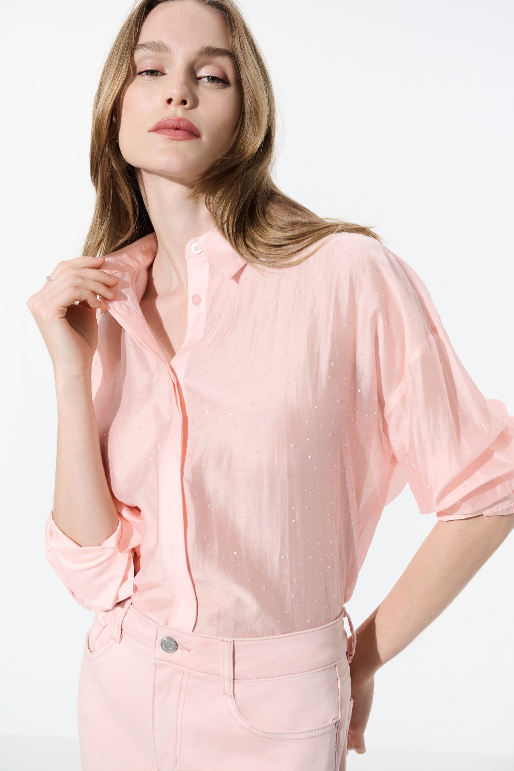Joseph Ribkoff Rhinestone-Embellished Sheer Blouse - Soft Peach