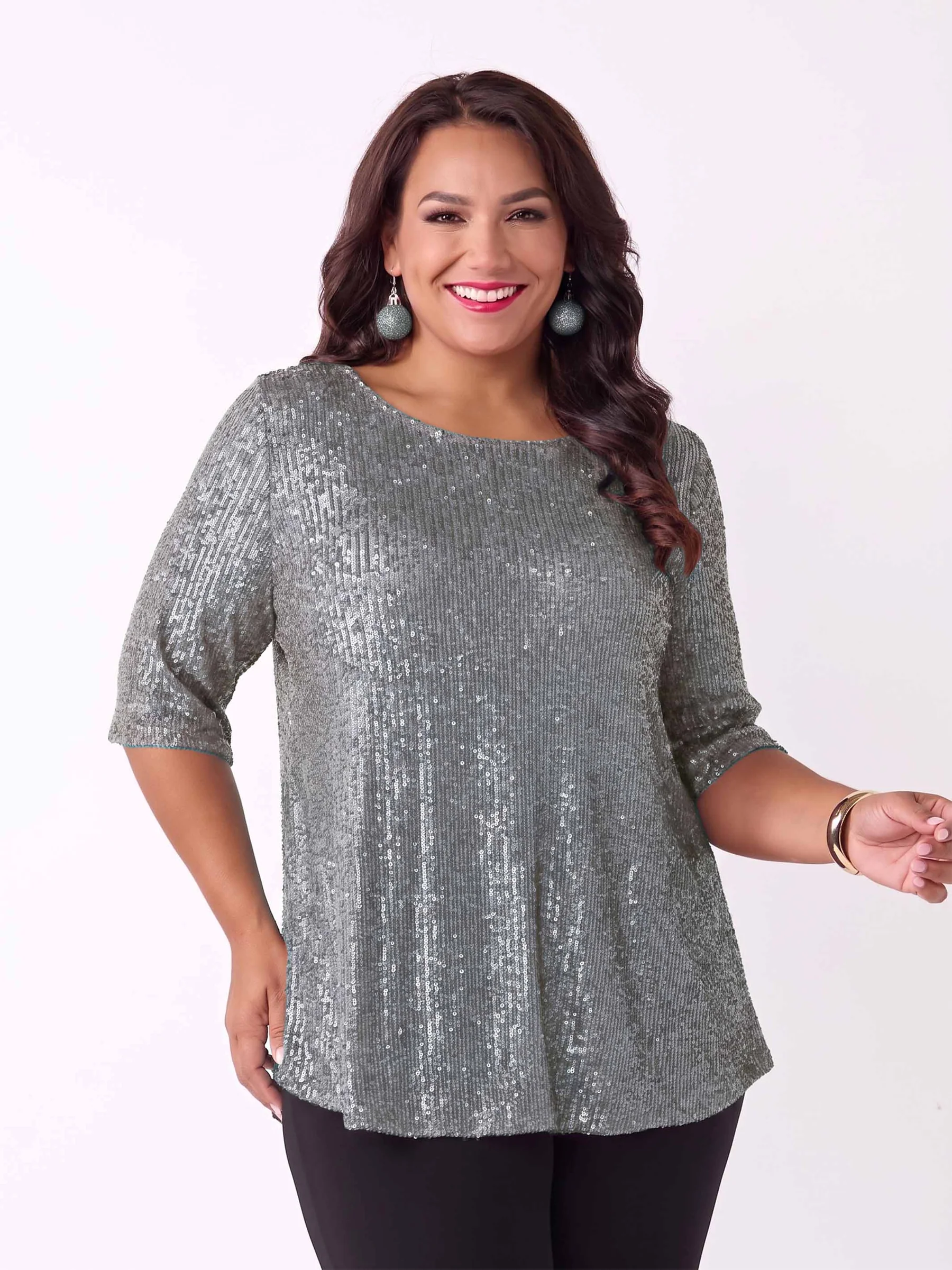 Swish Sequin Scoop Hem Top - Mist